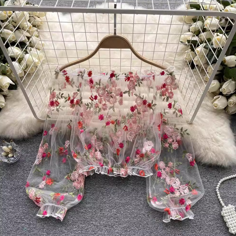 Embroidery - 여성용 긴팔 꽃무늬 자수 메쉬 크롭탑