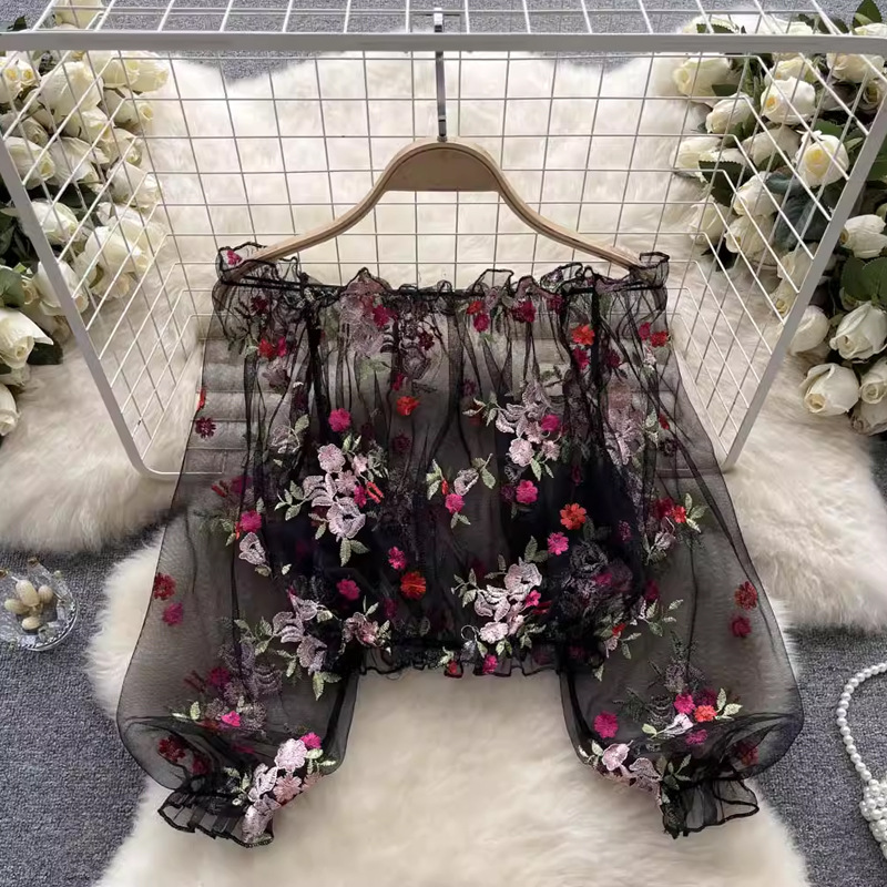 여성용 긴팔 꽃무늬 자수 메쉬 크롭탑 러플 밑단 부드럽 - Embroidery 리뷰 및 가격