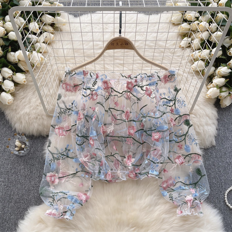 여성용 긴팔 꽃무늬 자수 메쉬 크롭탑 러플 밑단 부드럽 - Embroidery 리뷰 및 가격