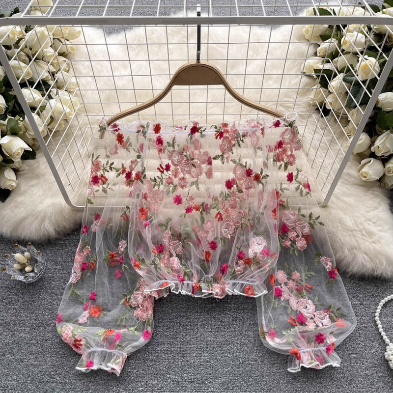 여성용 긴팔 꽃무늬 자수 메쉬 크롭탑 러플 밑단 부드럽 - Embroidery 리뷰 및 가격